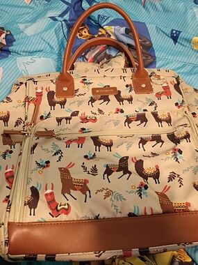 Maevn Llama Print Cream Nurse Backpack with Brown Trim
